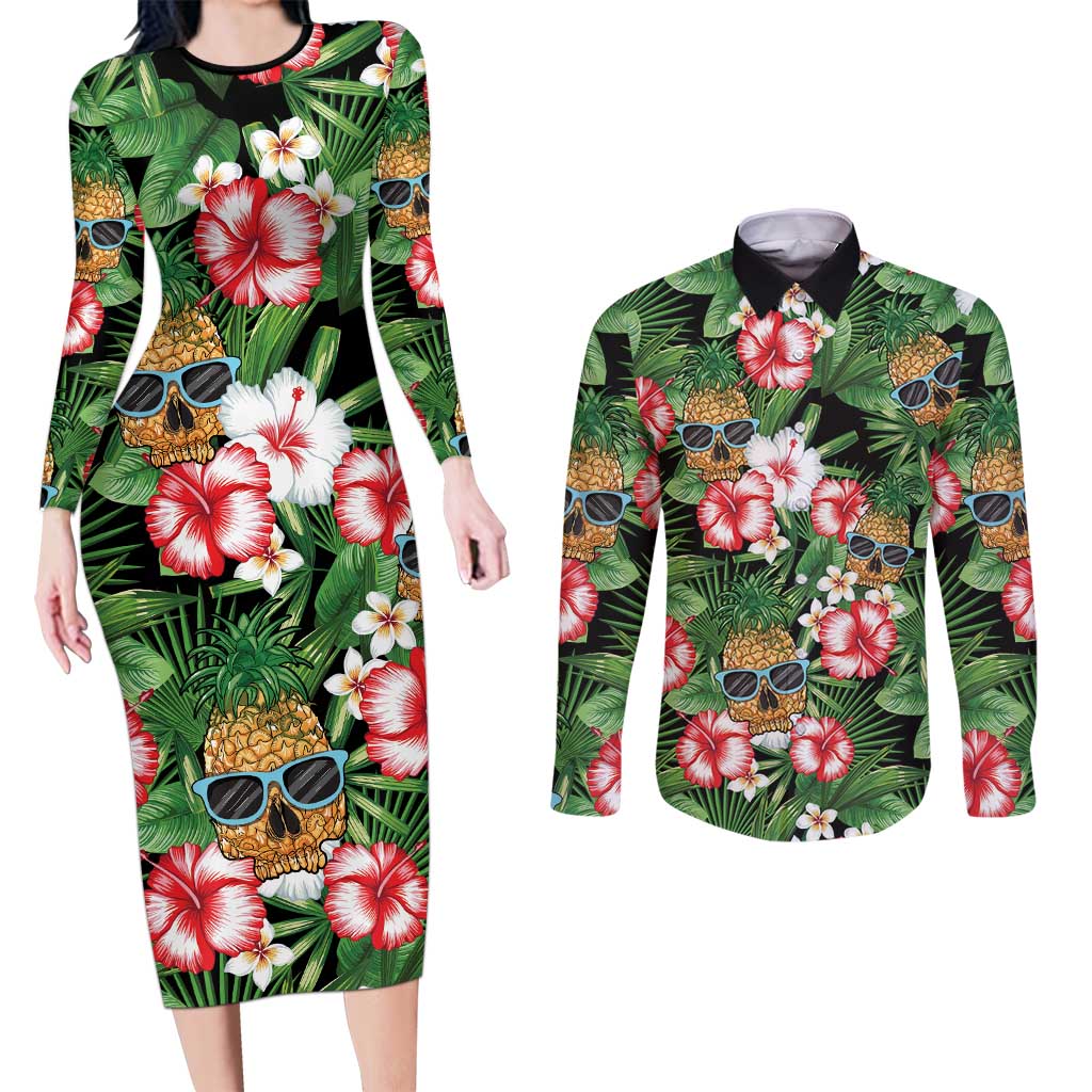 Pineapple Skull Aloha Hawaii Couples Matching Long Sleeve Bodycon Dress and Long Sleeve Button Shirt Summer Vibes Tropical Seamless Pattern - Wonder Print Shop