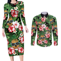 Pineapple Skull Aloha Hawaii Couples Matching Long Sleeve Bodycon Dress and Long Sleeve Button Shirt Summer Vibes Tropical Seamless Pattern - Wonder Print Shop