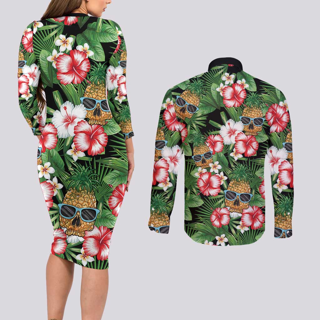 Pineapple Skull Aloha Hawaii Couples Matching Long Sleeve Bodycon Dress and Long Sleeve Button Shirt Summer Vibes Tropical Seamless Pattern - Wonder Print Shop