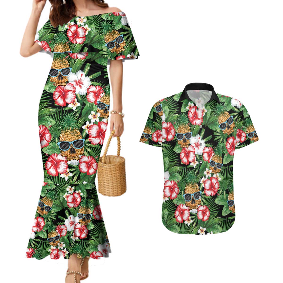 Pineapple Skull Aloha Hawaii Couples Matching Mermaid Dress and Hawaiian Shirt Summer Vibes Tropical Seamless Pattern - Wonder Print Shop