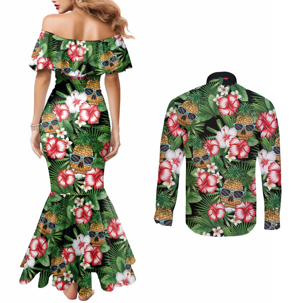 Pineapple Skull Aloha Hawaii Couples Matching Mermaid Dress and Long Sleeve Button Shirt Summer Vibes Tropical Seamless Pattern - Wonder Print Shop