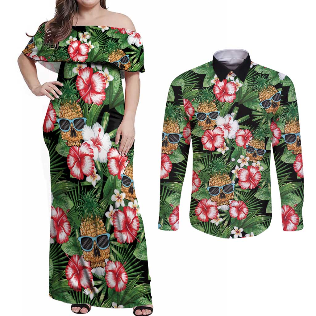 Pineapple Skull Aloha Hawaii Couples Matching Off Shoulder Maxi Dress and Long Sleeve Button Shirt Summer Vibes Tropical Seamless Pattern - Wonder Print Shop