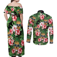 Pineapple Skull Aloha Hawaii Couples Matching Off Shoulder Maxi Dress and Long Sleeve Button Shirt Summer Vibes Tropical Seamless Pattern - Wonder Print Shop