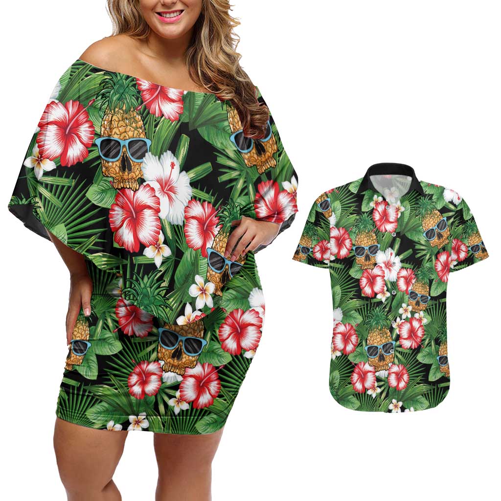 Pineapple Skull Aloha Hawaii Couples Matching Off Shoulder Short Dress and Hawaiian Shirt Summer Vibes Tropical Seamless Pattern - Wonder Print Shop