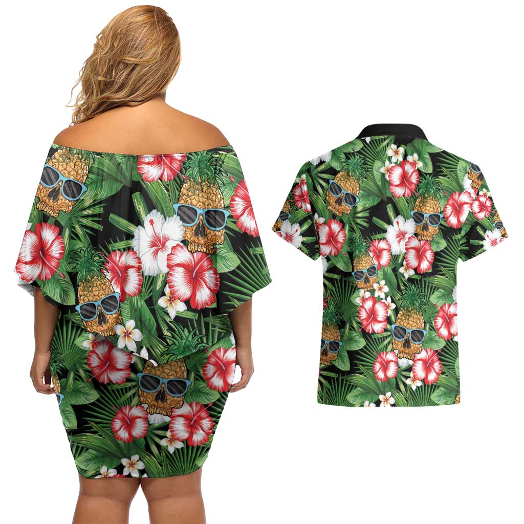 Pineapple Skull Aloha Hawaii Couples Matching Off Shoulder Short Dress and Hawaiian Shirt Summer Vibes Tropical Seamless Pattern - Wonder Print Shop