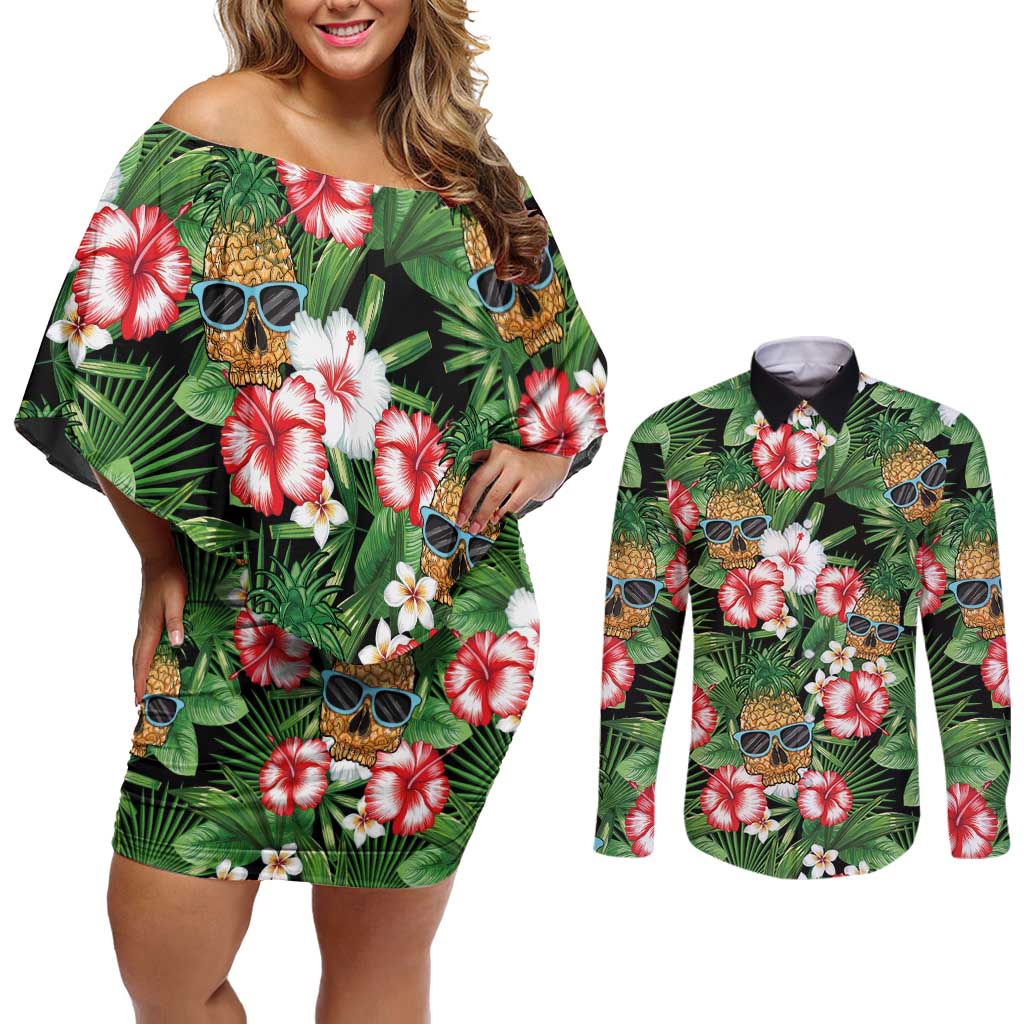 Pineapple Skull Aloha Hawaii Couples Matching Off Shoulder Short Dress and Long Sleeve Button Shirt Summer Vibes Tropical Seamless Pattern - Wonder Print Shop