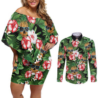 Pineapple Skull Aloha Hawaii Couples Matching Off Shoulder Short Dress and Long Sleeve Button Shirt Summer Vibes Tropical Seamless Pattern - Wonder Print Shop