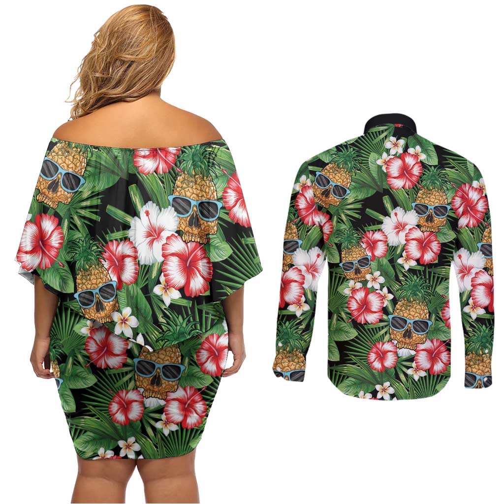 Pineapple Skull Aloha Hawaii Couples Matching Off Shoulder Short Dress and Long Sleeve Button Shirt Summer Vibes Tropical Seamless Pattern - Wonder Print Shop