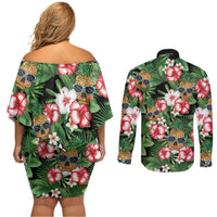 Pineapple Skull Aloha Hawaii Couples Matching Off Shoulder Short Dress and Long Sleeve Button Shirt Summer Vibes Tropical Seamless Pattern - Wonder Print Shop