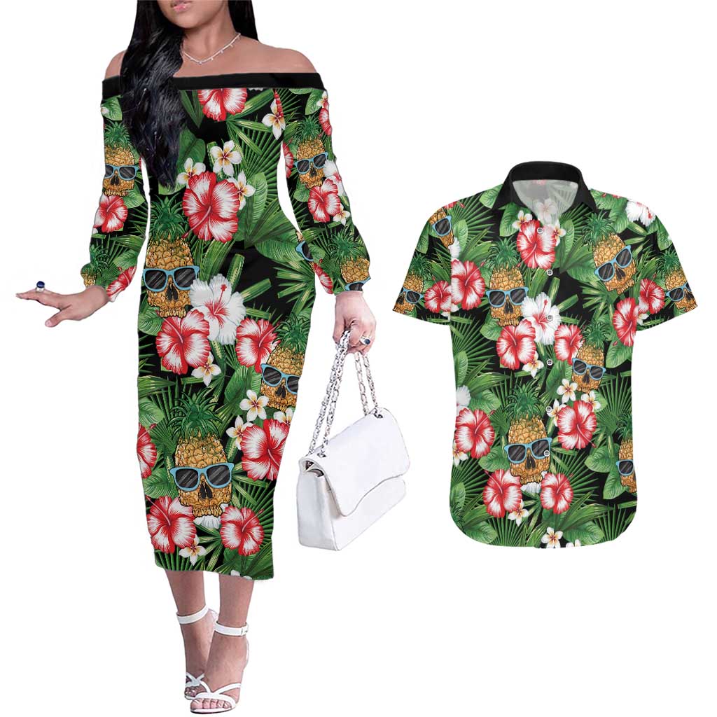 Pineapple Skull Aloha Hawaii Couples Matching Off The Shoulder Long Sleeve Dress and Hawaiian Shirt Summer Vibes Tropical Seamless Pattern - Wonder Print Shop