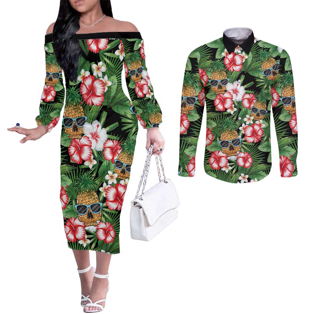 Pineapple Skull Aloha Hawaii Couples Matching Off The Shoulder Long Sleeve Dress and Long Sleeve Button Shirt Summer Vibes Tropical Seamless Pattern - Wonder Print Shop