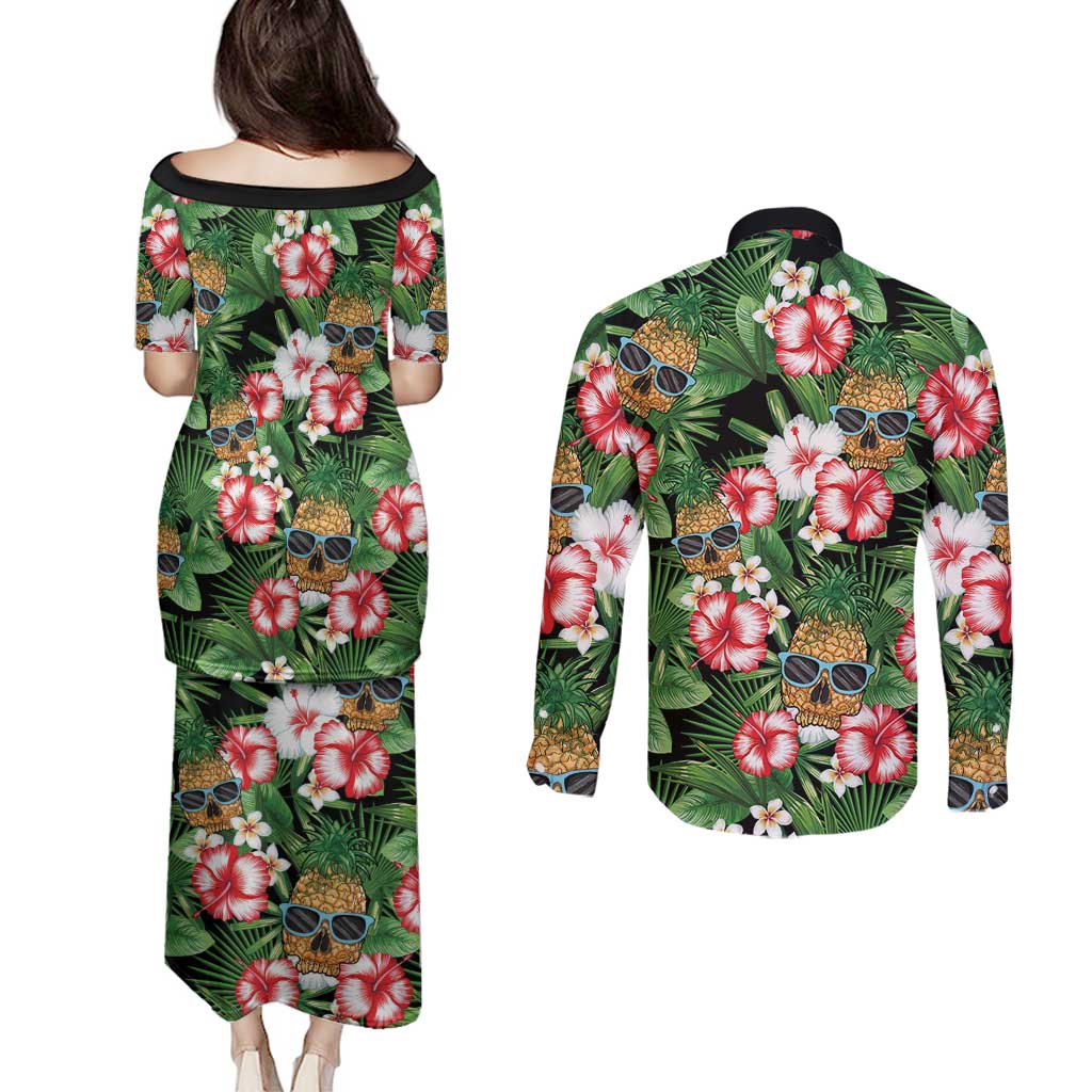 Pineapple Skull Aloha Hawaii Couples Matching Puletasi and Long Sleeve Button Shirt Summer Vibes Tropical Seamless Pattern - Wonder Print Shop