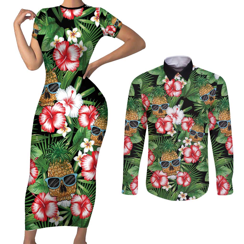 Pineapple Skull Aloha Hawaii Couples Matching Short Sleeve Bodycon Dress and Long Sleeve Button Shirt Summer Vibes Tropical Seamless Pattern - Wonder Print Shop