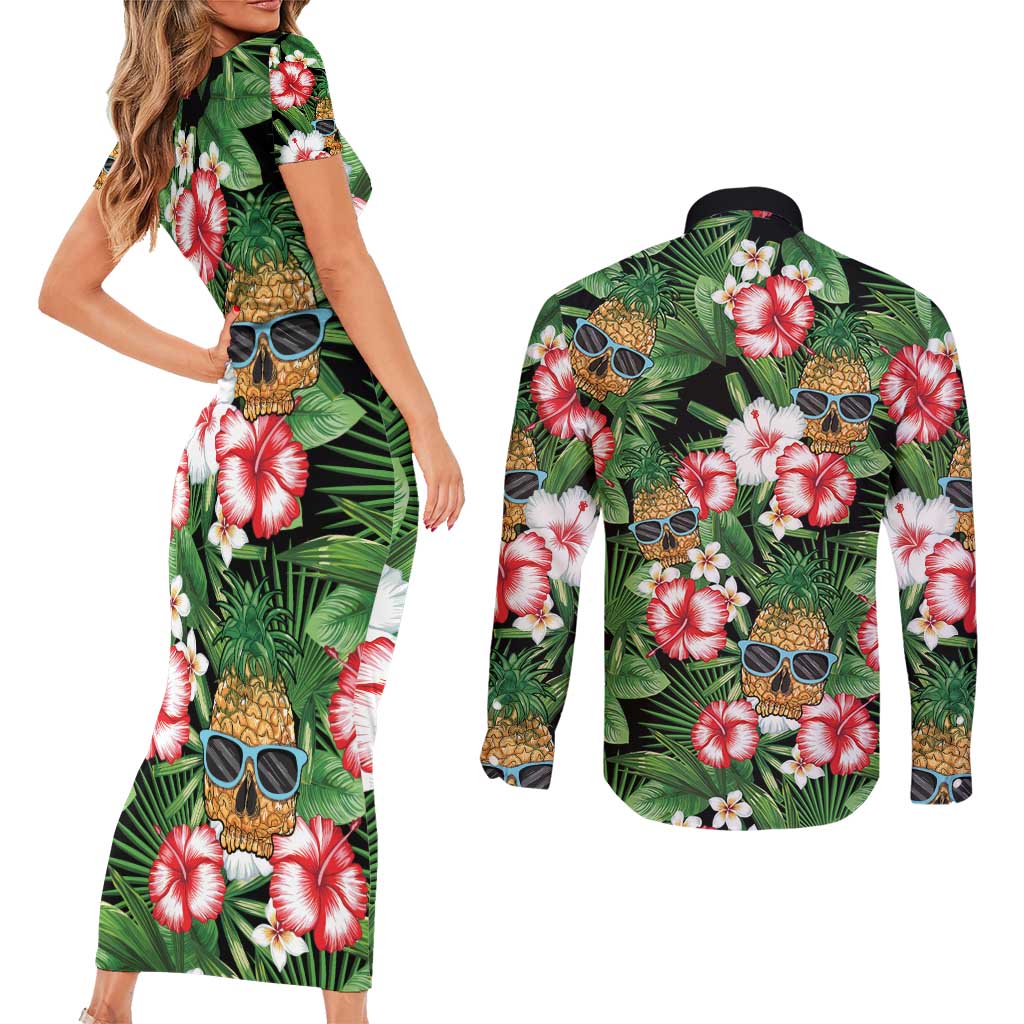 Pineapple Skull Aloha Hawaii Couples Matching Short Sleeve Bodycon Dress and Long Sleeve Button Shirt Summer Vibes Tropical Seamless Pattern - Wonder Print Shop
