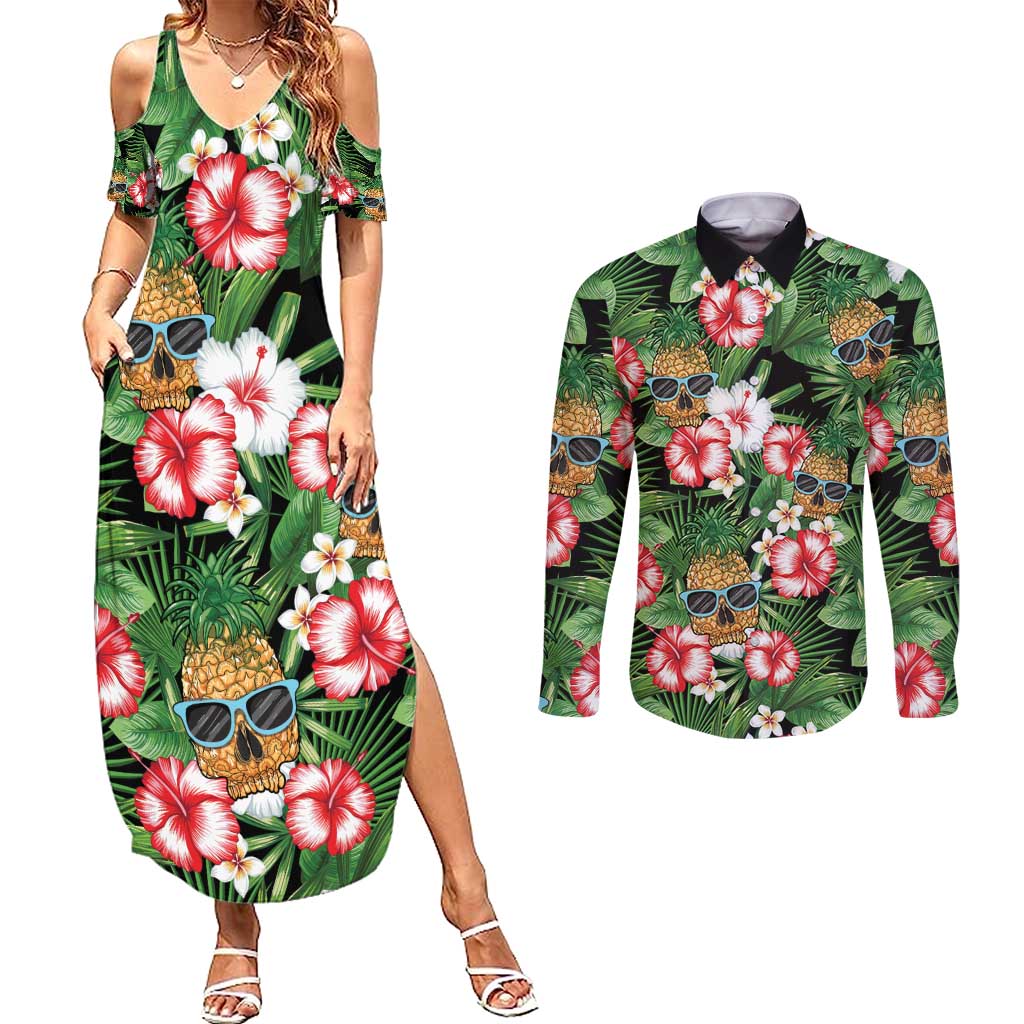 Pineapple Skull Aloha Hawaii Couples Matching Summer Maxi Dress and Long Sleeve Button Shirt Summer Vibes Tropical Seamless Pattern - Wonder Print Shop