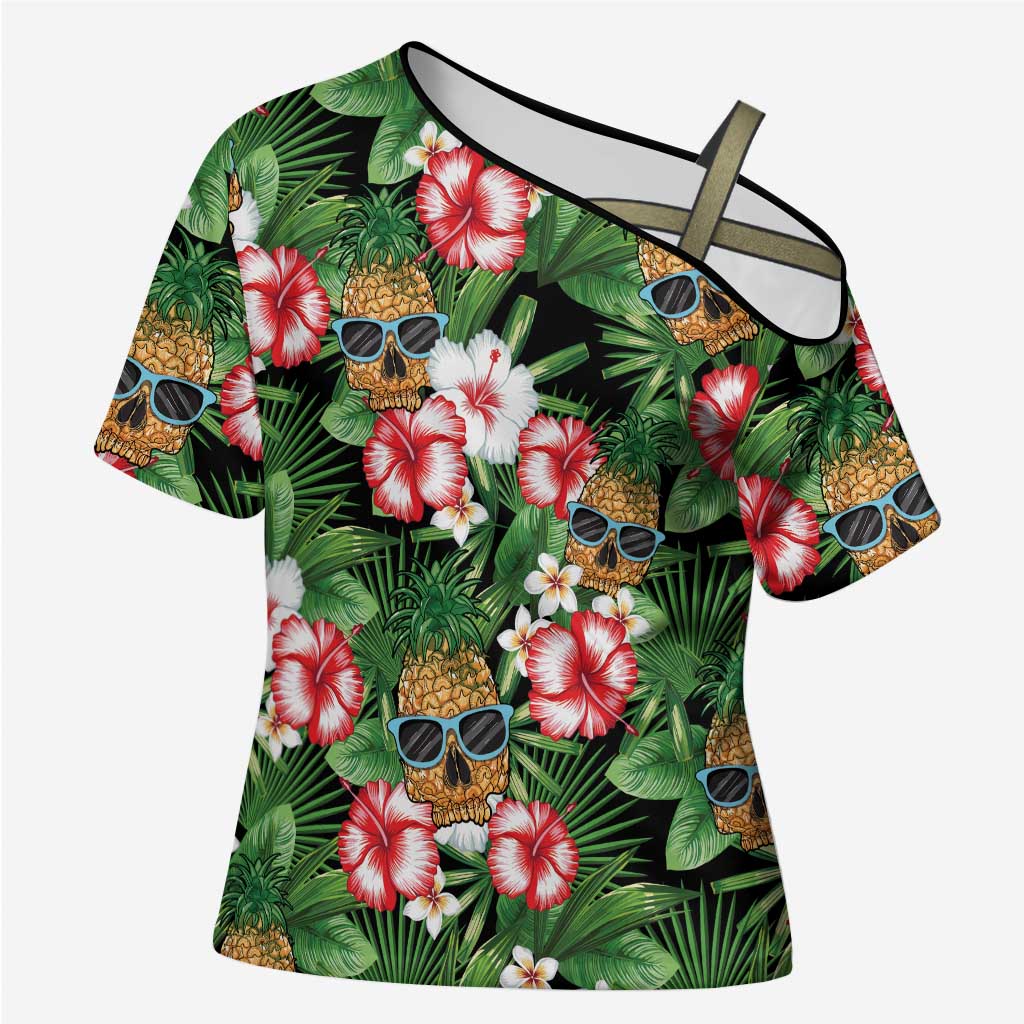 Pineapple Skull Aloha Hawaii Cross Shoulder Shirt Summer Vibes Tropical Seamless Pattern - Wonder Print Shop