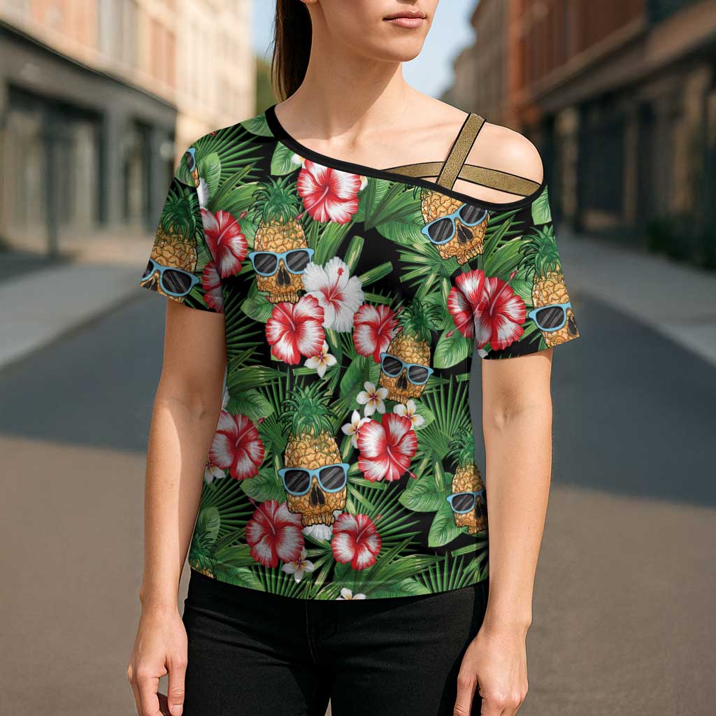 Pineapple Skull Aloha Hawaii Cross Shoulder Shirt Summer Vibes Tropical Seamless Pattern - Wonder Print Shop