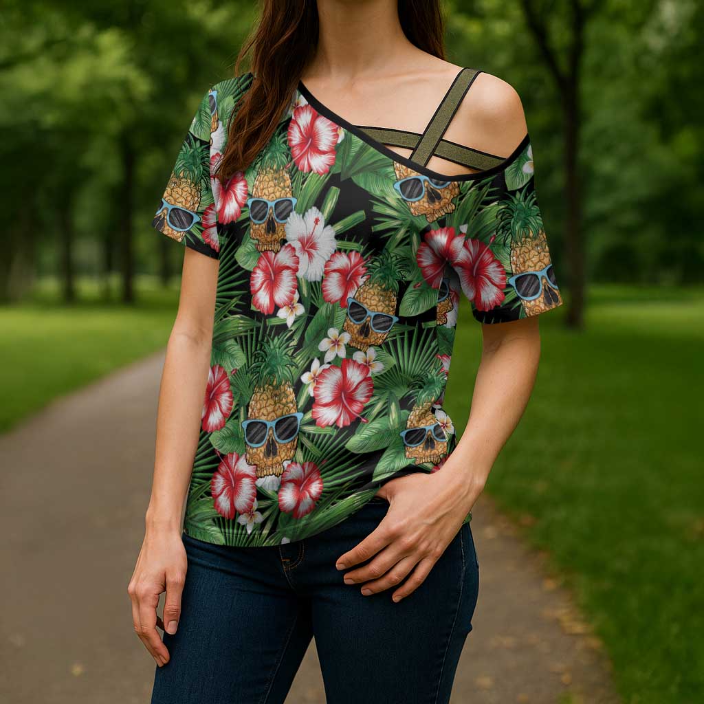 Pineapple Skull Aloha Hawaii Cross Shoulder Shirt Summer Vibes Tropical Seamless Pattern - Wonder Print Shop