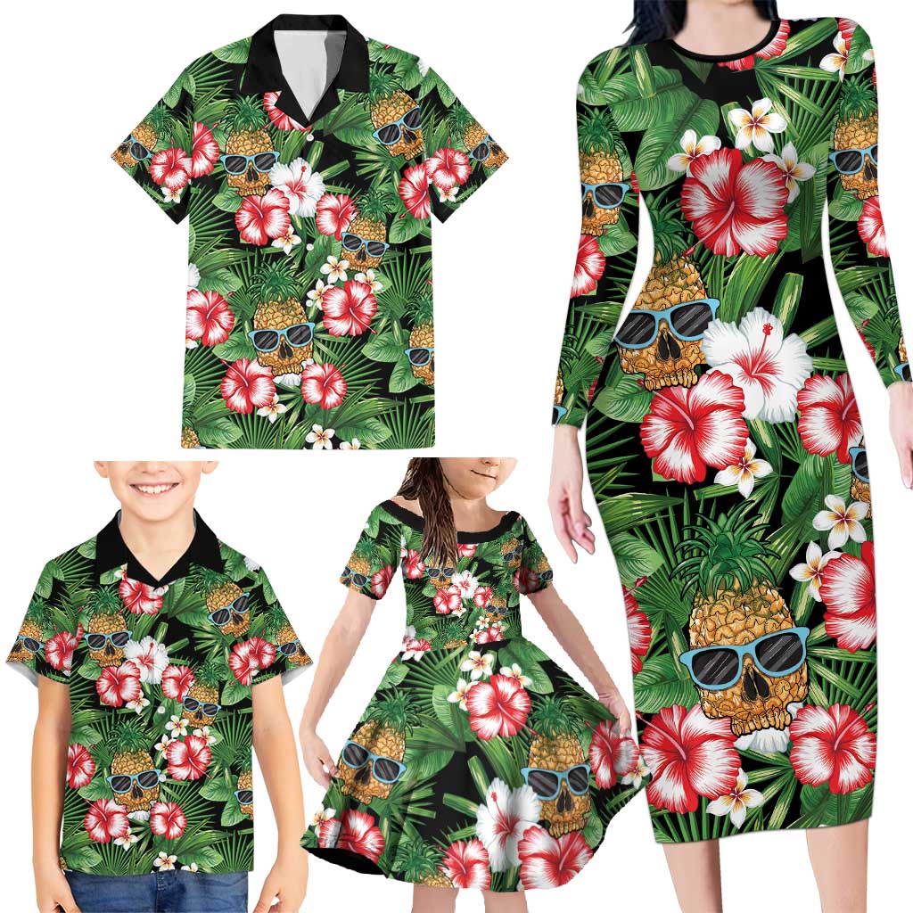 Pineapple Skull Aloha Hawaii Family Matching Long Sleeve Bodycon Dress and Hawaiian Shirt Summer Vibes Tropical Seamless Pattern - Wonder Print Shop
