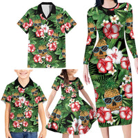 Pineapple Skull Aloha Hawaii Family Matching Long Sleeve Bodycon Dress and Hawaiian Shirt Summer Vibes Tropical Seamless Pattern - Wonder Print Shop