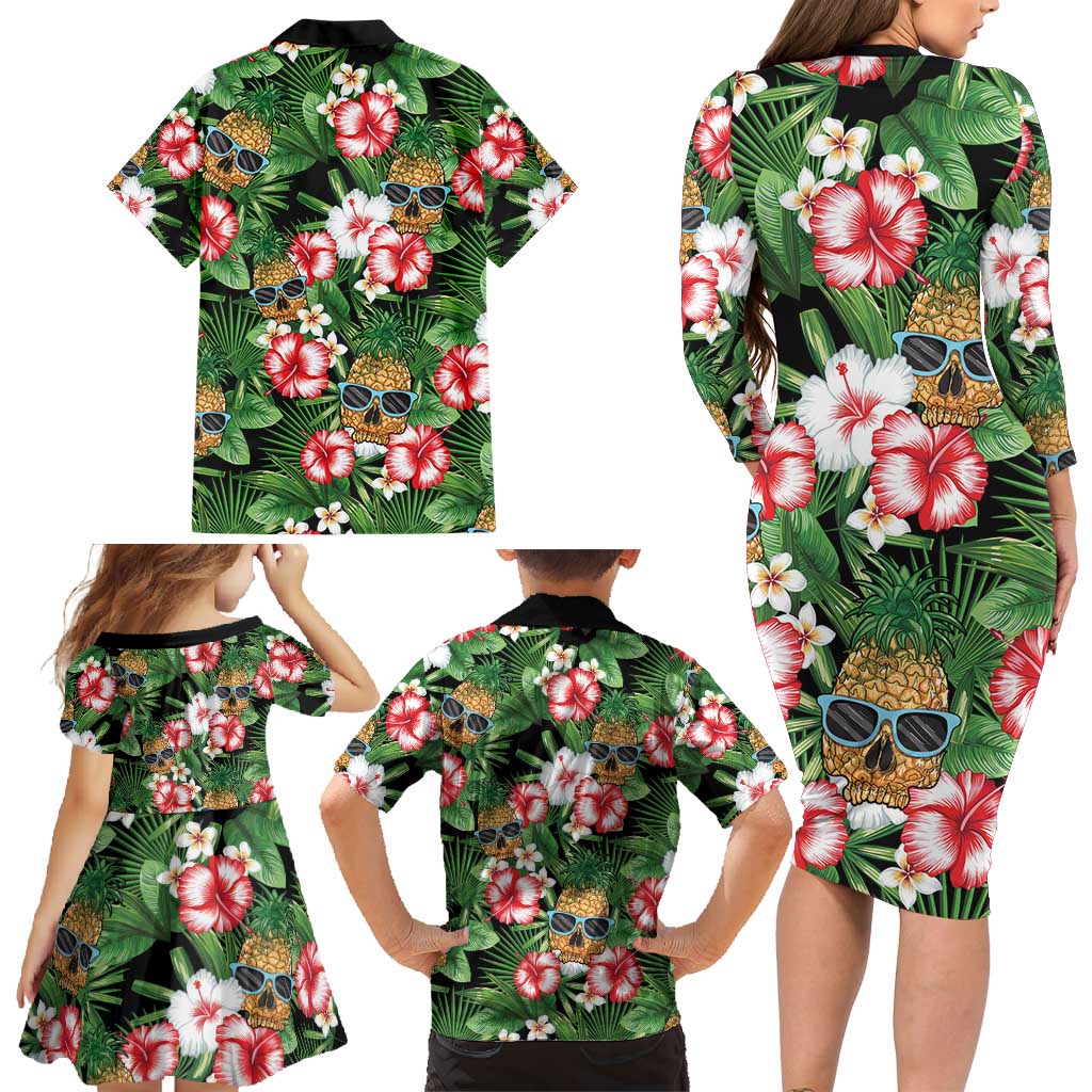 Pineapple Skull Aloha Hawaii Family Matching Long Sleeve Bodycon Dress and Hawaiian Shirt Summer Vibes Tropical Seamless Pattern - Wonder Print Shop
