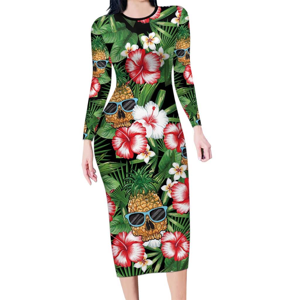 Pineapple Skull Aloha Hawaii Family Matching Long Sleeve Bodycon Dress and Hawaiian Shirt Summer Vibes Tropical Seamless Pattern - Wonder Print Shop