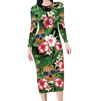 Pineapple Skull Aloha Hawaii Family Matching Long Sleeve Bodycon Dress and Hawaiian Shirt Summer Vibes Tropical Seamless Pattern - Wonder Print Shop