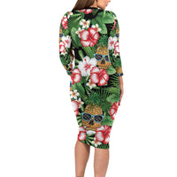 Pineapple Skull Aloha Hawaii Family Matching Long Sleeve Bodycon Dress and Hawaiian Shirt Summer Vibes Tropical Seamless Pattern - Wonder Print Shop