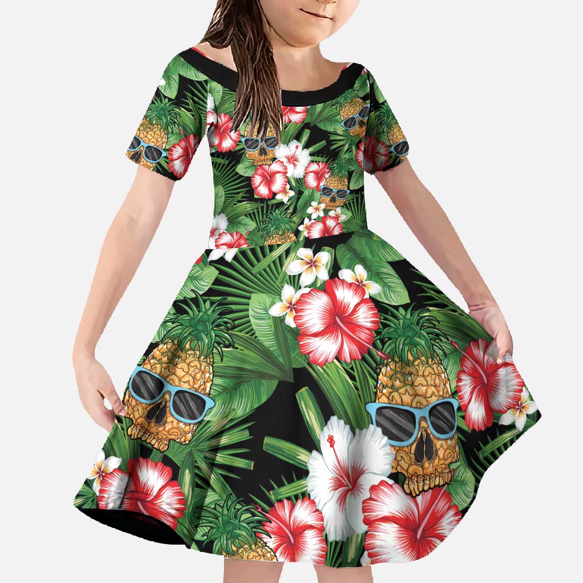 Pineapple Skull Aloha Hawaii Family Matching Off The Shoulder Long Sleeve Dress and Hawaiian Shirt Summer Vibes Tropical Seamless Pattern - Wonder Print Shop