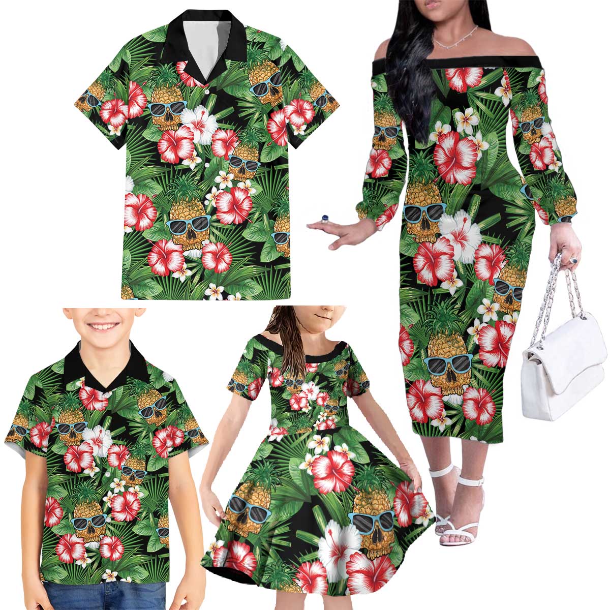 Pineapple Skull Aloha Hawaii Family Matching Off The Shoulder Long Sleeve Dress and Hawaiian Shirt Summer Vibes Tropical Seamless Pattern - Wonder Print Shop