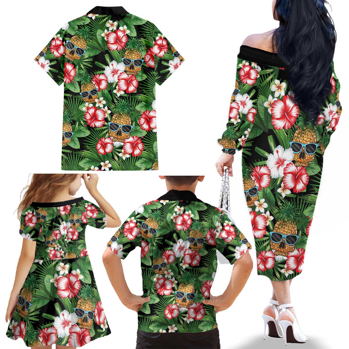 Pineapple Skull Aloha Hawaii Family Matching Off The Shoulder Long Sleeve Dress and Hawaiian Shirt Summer Vibes Tropical Seamless Pattern - Wonder Print Shop