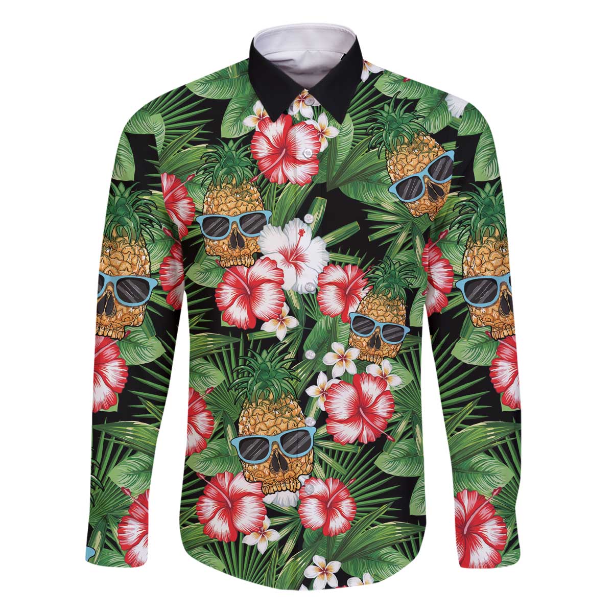 Pineapple Skull Aloha Hawaii Family Matching Off The Shoulder Long Sleeve Dress and Hawaiian Shirt Summer Vibes Tropical Seamless Pattern - Wonder Print Shop