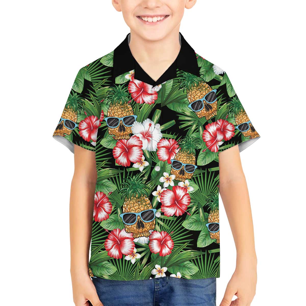 Pineapple Skull Aloha Hawaii Family Matching Off The Shoulder Long Sleeve Dress and Hawaiian Shirt Summer Vibes Tropical Seamless Pattern - Wonder Print Shop