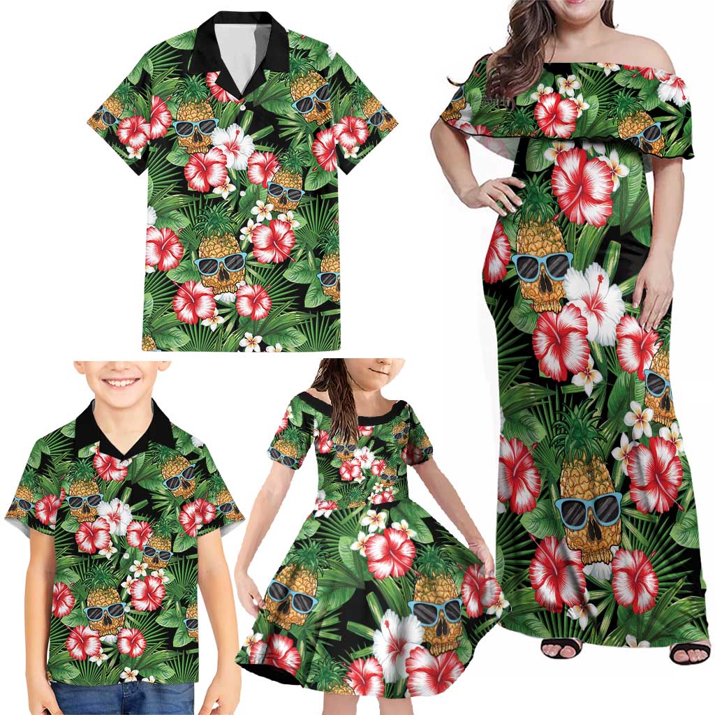 Pineapple Skull Aloha Hawaii Family Matching Off Shoulder Maxi Dress and Hawaiian Shirt Summer Vibes Tropical Seamless Pattern - Wonder Print Shop