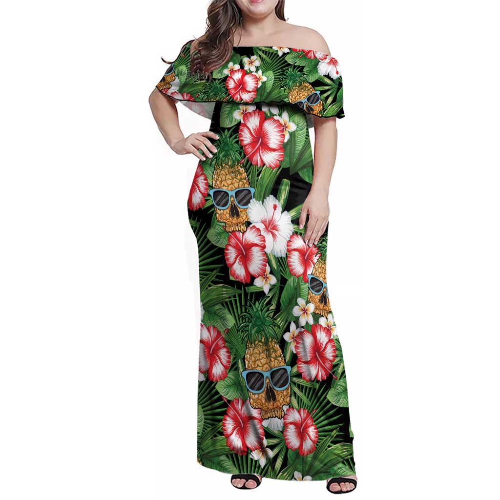 Pineapple Skull Aloha Hawaii Family Matching Off Shoulder Maxi Dress and Hawaiian Shirt Summer Vibes Tropical Seamless Pattern - Wonder Print Shop