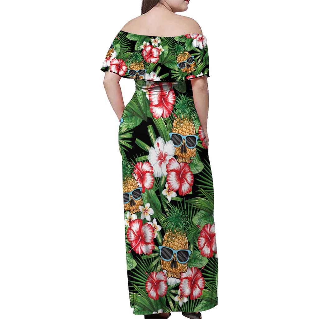 Pineapple Skull Aloha Hawaii Family Matching Off Shoulder Maxi Dress and Hawaiian Shirt Summer Vibes Tropical Seamless Pattern - Wonder Print Shop