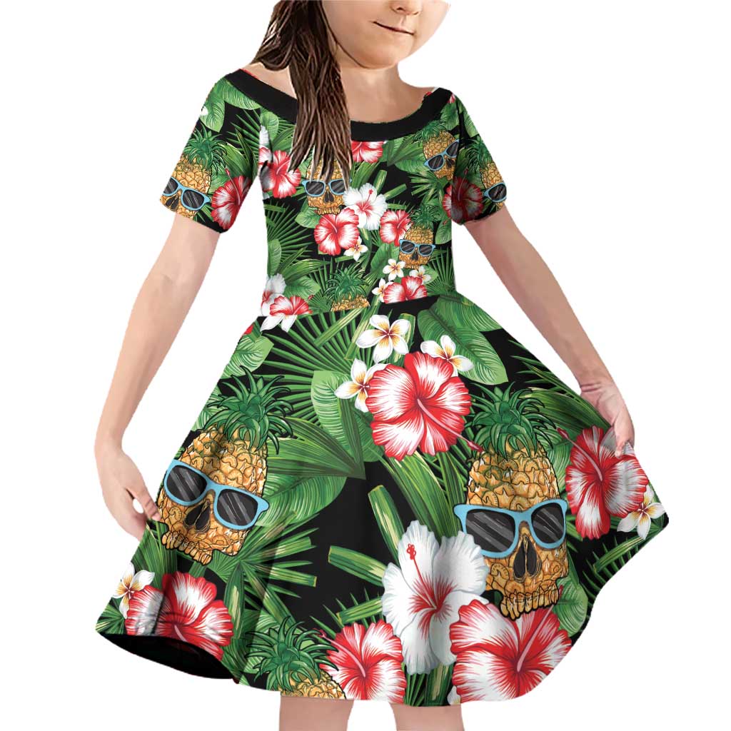 Pineapple Skull Aloha Hawaii Family Matching Off Shoulder Short Dress and Hawaiian Shirt Summer Vibes Tropical Seamless Pattern - Wonder Print Shop