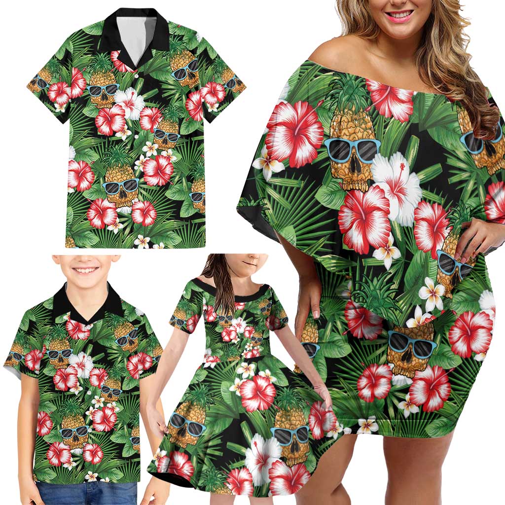 Pineapple Skull Aloha Hawaii Family Matching Off Shoulder Short Dress and Hawaiian Shirt Summer Vibes Tropical Seamless Pattern - Wonder Print Shop