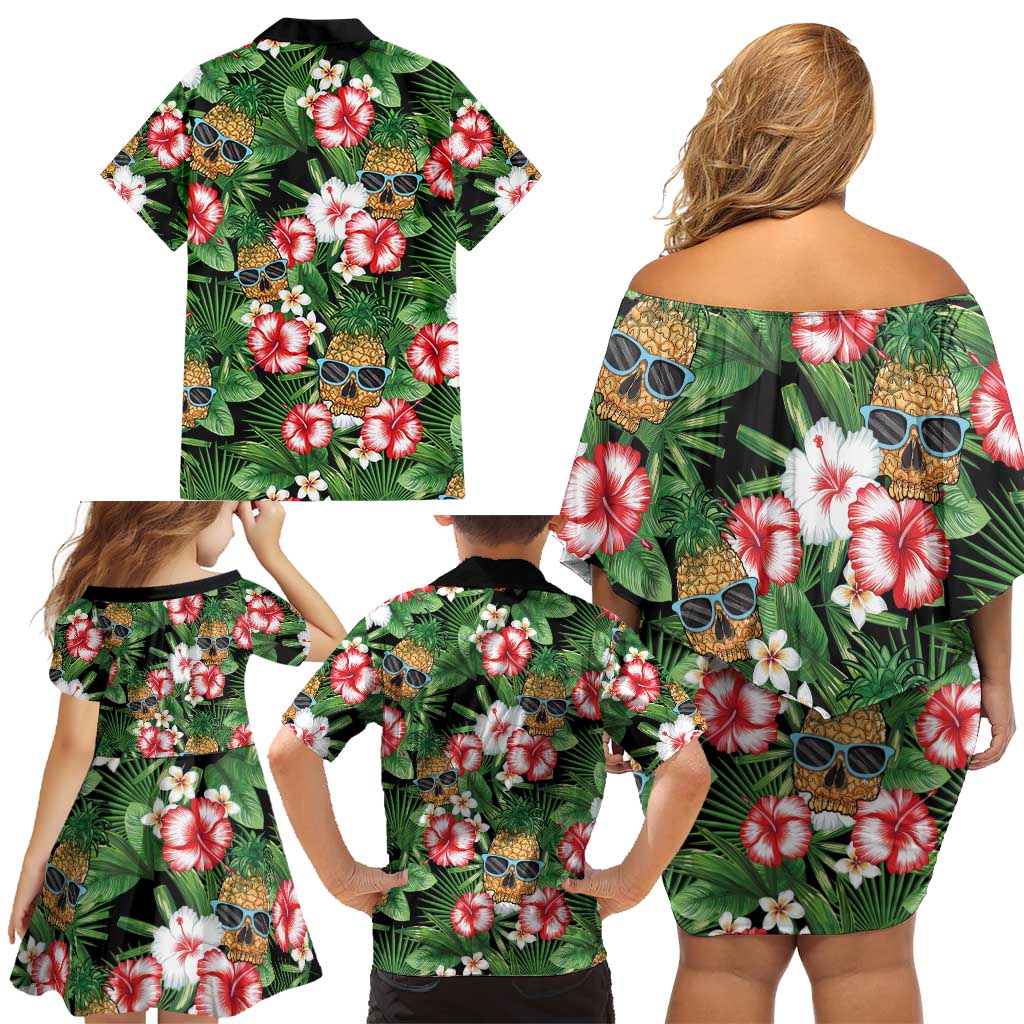 Pineapple Skull Aloha Hawaii Family Matching Off Shoulder Short Dress and Hawaiian Shirt Summer Vibes Tropical Seamless Pattern - Wonder Print Shop