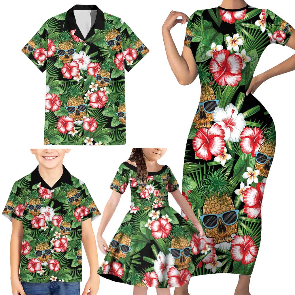Pineapple Skull Aloha Hawaii Family Matching Short Sleeve Bodycon Dress and Hawaiian Shirt Summer Vibes Tropical Seamless Pattern - Wonder Print Shop