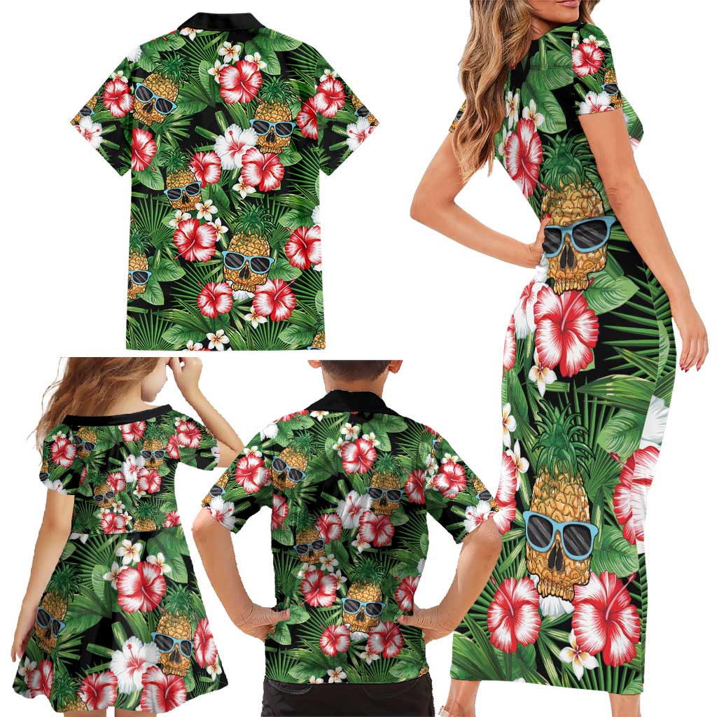 Pineapple Skull Aloha Hawaii Family Matching Short Sleeve Bodycon Dress and Hawaiian Shirt Summer Vibes Tropical Seamless Pattern - Wonder Print Shop