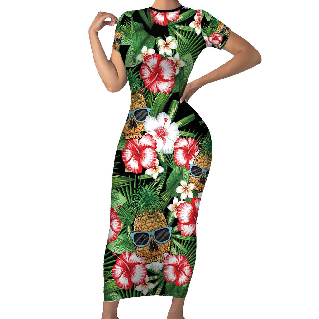 Pineapple Skull Aloha Hawaii Family Matching Short Sleeve Bodycon Dress and Hawaiian Shirt Summer Vibes Tropical Seamless Pattern - Wonder Print Shop