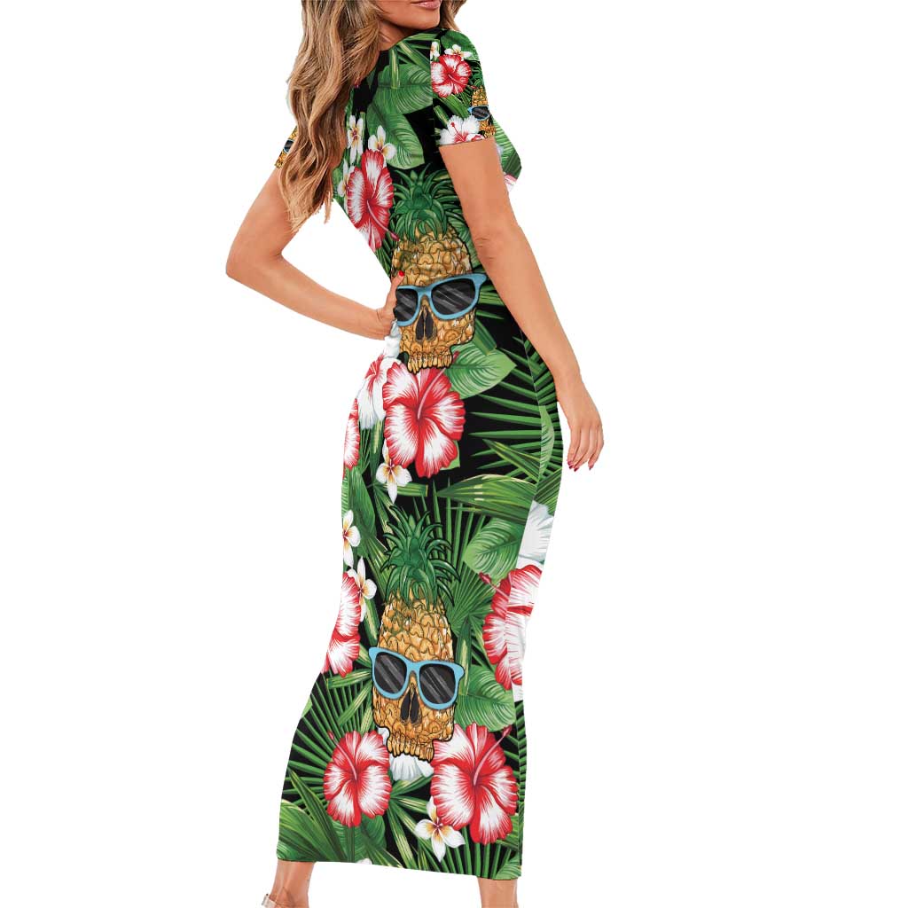 Pineapple Skull Aloha Hawaii Family Matching Short Sleeve Bodycon Dress and Hawaiian Shirt Summer Vibes Tropical Seamless Pattern - Wonder Print Shop