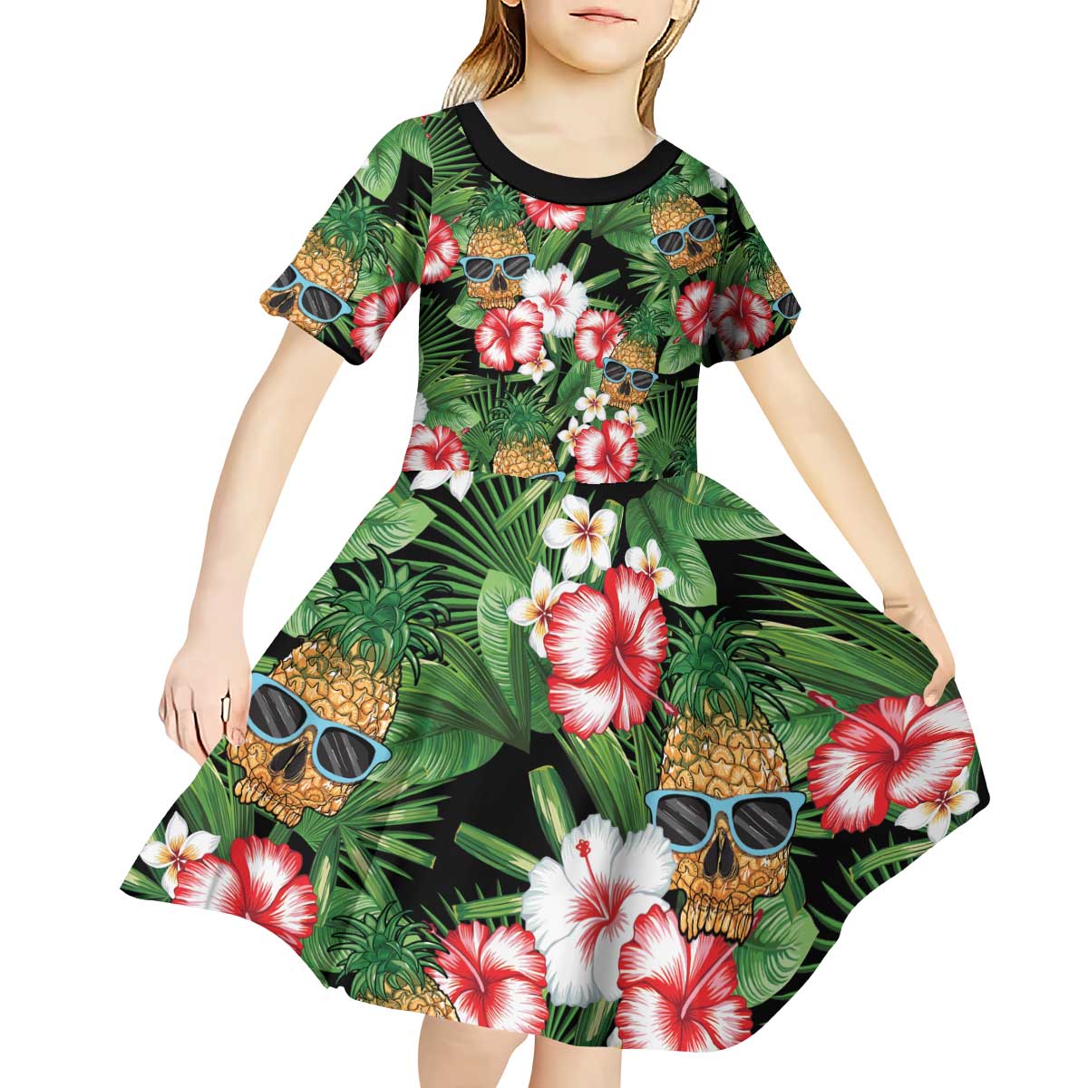 Pineapple Skull Aloha Hawaii Kid Short Sleeve Dress Summer Vibes Tropical Seamless Pattern - Wonder Print Shop