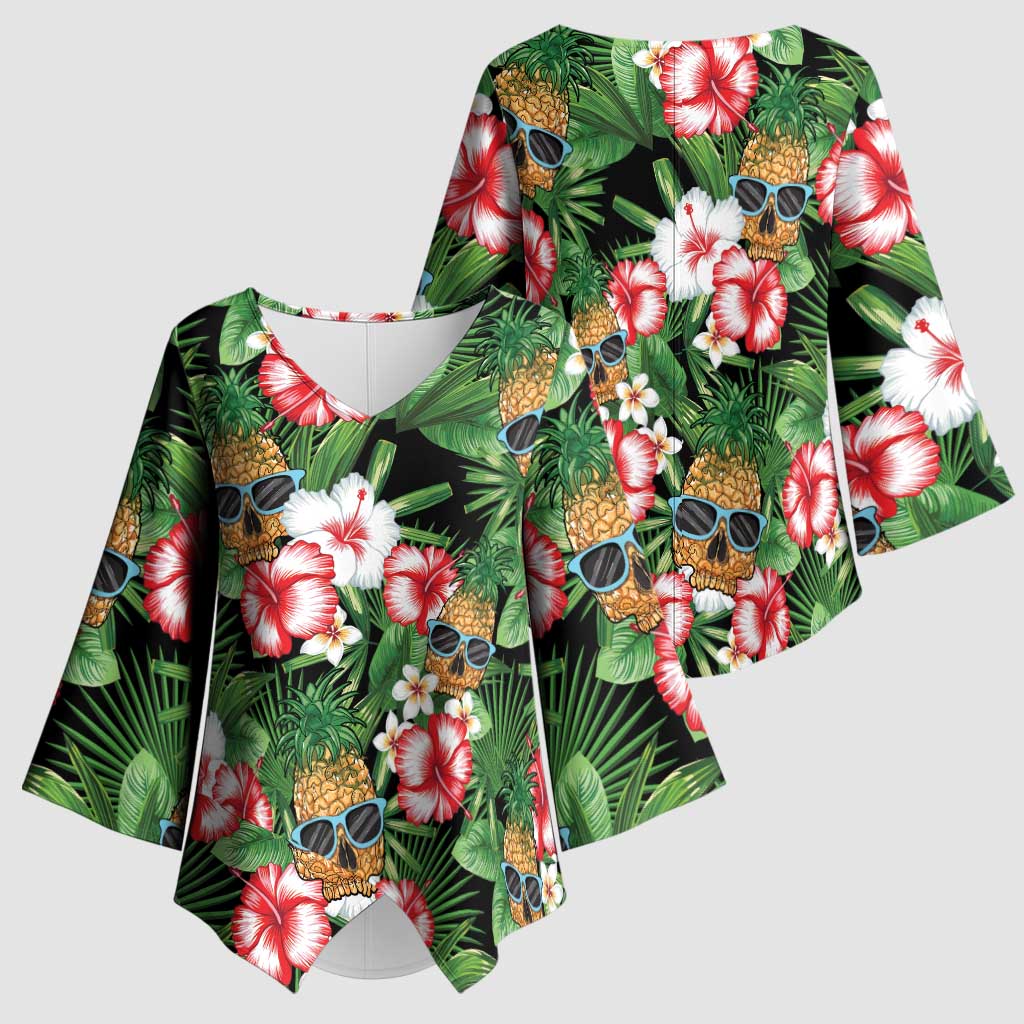 Pineapple Skull Aloha Hawaii Kimono Sleeve Blouse Summer Vibes Tropical Seamless Pattern - Wonder Print Shop