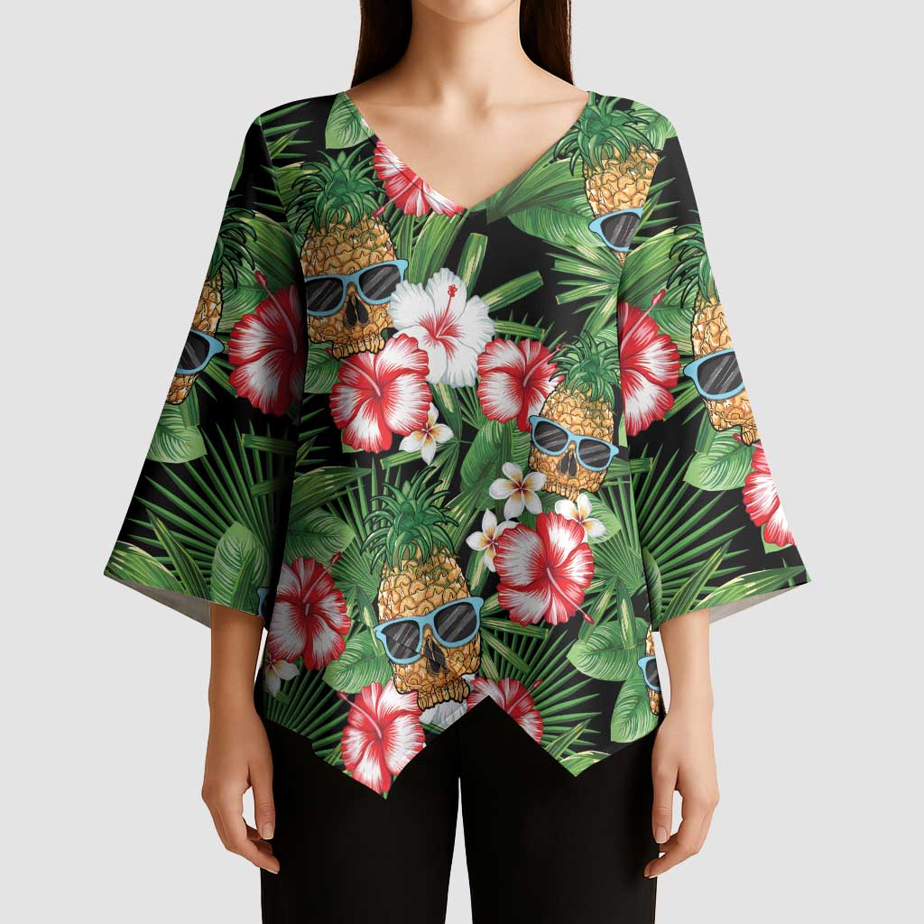 Pineapple Skull Aloha Hawaii Kimono Sleeve Blouse Summer Vibes Tropical Seamless Pattern - Wonder Print Shop