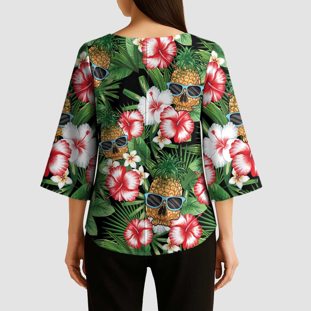 Pineapple Skull Aloha Hawaii Kimono Sleeve Blouse Summer Vibes Tropical Seamless Pattern - Wonder Print Shop