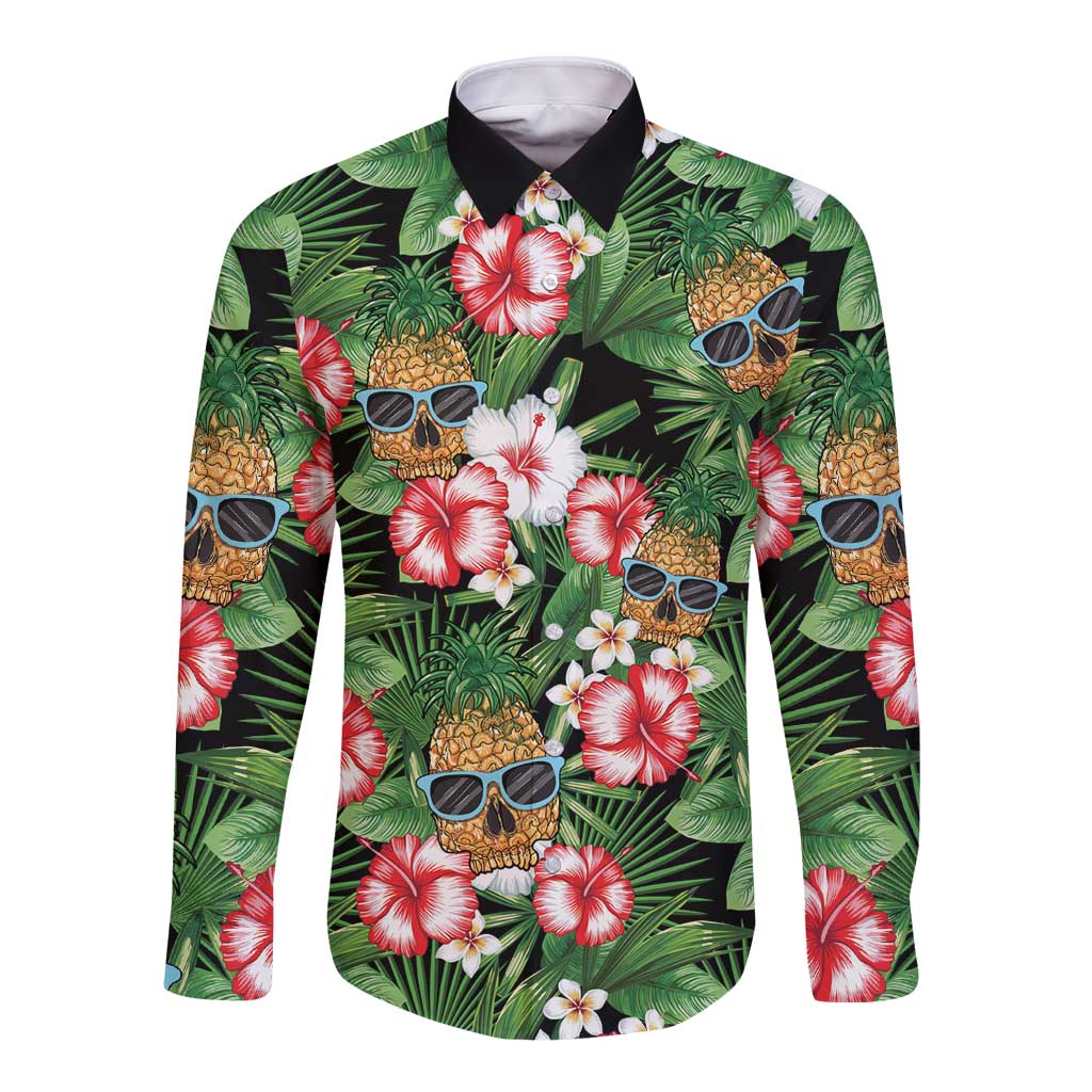 Pineapple Skull Aloha Hawaii Long Sleeve Button Shirt Summer Vibes Tropical Seamless Pattern - Wonder Print Shop