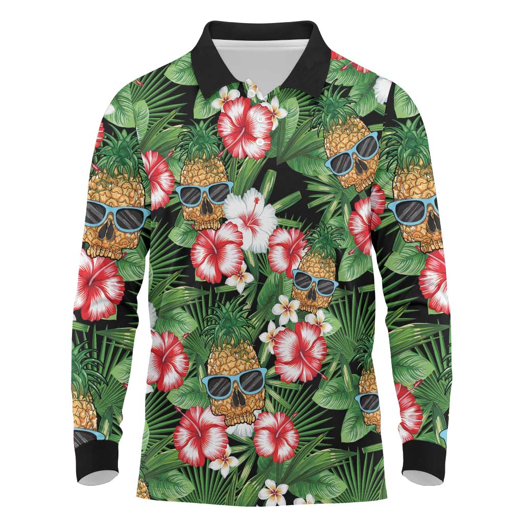Pineapple Skull Aloha Hawaii Long Sleeve Polo Shirt Summer Vibes Tropical Seamless Pattern - Wonder Print Shop