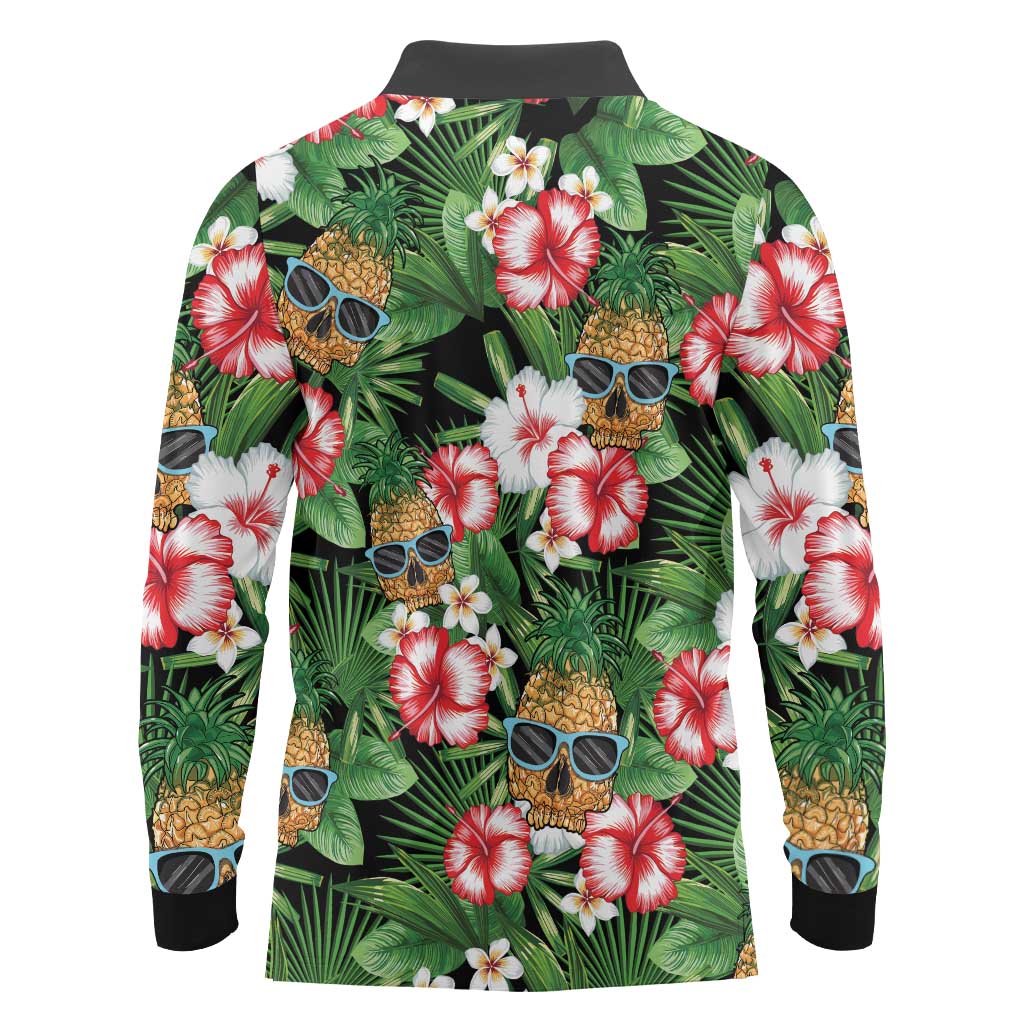 Pineapple Skull Aloha Hawaii Long Sleeve Polo Shirt Summer Vibes Tropical Seamless Pattern - Wonder Print Shop